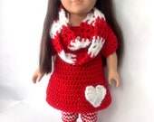 18 quot Doll Red Dress Crochet Pattern, 18 quot Doll Valentine clothes, crochet doll shoes, crochet doll dress, crochet doll heart, red white scarf