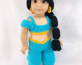 18 quot Doll Princess Crochet PDF pattern, Doll clothes pattern, turquoise gold pattern, black hair wig pattern, doll halloween costume