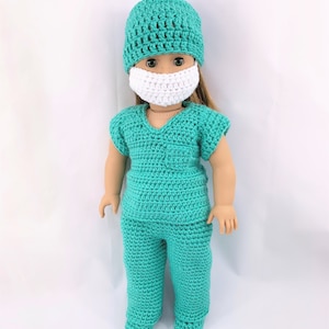18&quot; Doll Doctor Scrubs, Crochet PDF pattern, doll scrub shoes pattern, crochet doll clothes pattern, halloween pattern