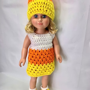 18" Doll Candy Corn Crochet Pattern, 18" Candy Corn costume, crochet 18" doll clothes pattern, doll candy corn hat, doll halloween costume