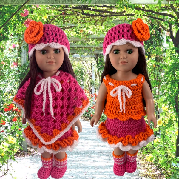18" Doll Shirley Springtime Crochet pdf pattern, poncho de poupée au crochet, chaussures de poupée, chapeau de poupée, jupe de poupée, patrons de vêtements de poupée au crochet