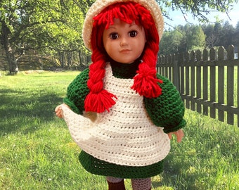 18" Doll Anne outfit Crochet pattern, chapeau de poupée, bottes de poupée, leggings de poupée, robe de prairie, patrons de vêtements de poupée au crochet