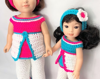 Crochet pattern to make 14.5" Doll clothes, crochet 18" doll clothes pattern, doll pant set pattern, doll shoes, doll headband, doll shirt