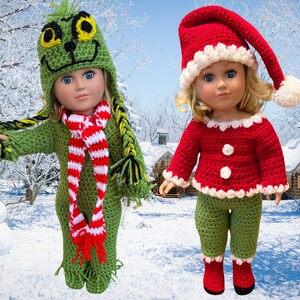 May include: Two crocheted doll outfits, one green with a Grinch-like hat and a red and white striped scarf, and one red with a white-trimmed Santa hat and green pants.