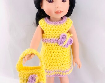14" Doll Rhonda Butterfly Dress Crochet Pattern, 14" crochet doll shoes, crochet summer doll dress, crochet doll clothes, doll purse pattern
