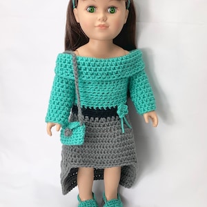 18-Zoll-Puppe Abendkleid Häkelanleitung, 18-Zoll-Puppe von der Schulter Kleid Häkelanleitung, PDF, 18-Zoll-Puppenstirnband, Puppensandalen, Puppentasche