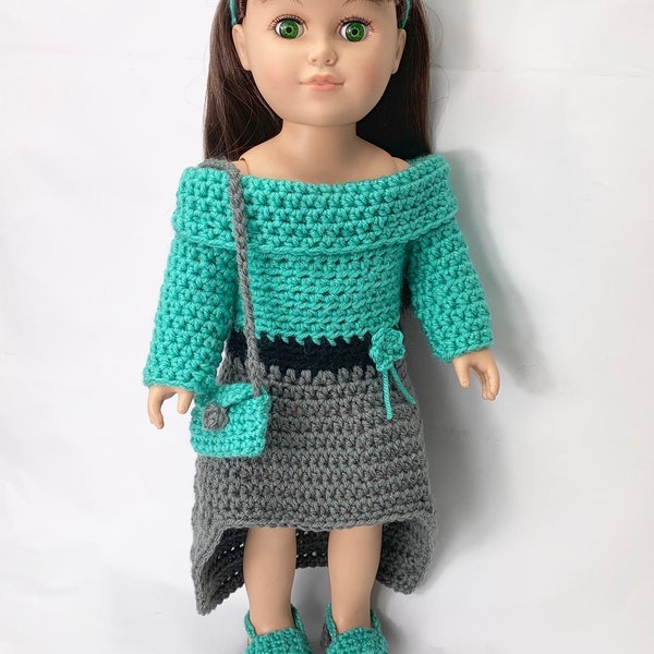 18" Doll formal dress Crochet pattern, 18 inch Doll off the shoulder dress crochet pattern, PDF, 18" doll headband, doll sandals, doll purse