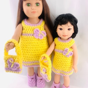 45 cm und 14,5 cm Puppe Rhonda Schmetterlingskleid Häkelanleitung, 14 Zoll Puppenkleid häkeln, Puppenschuhe, Puppenkleidung häkeln, Puppentasche Muster