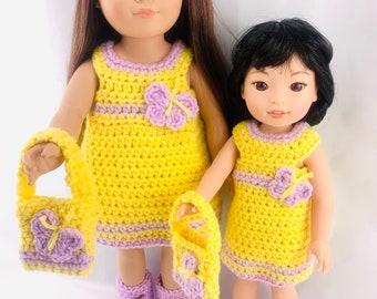 18" and 14.5" Doll Rhonda Butterfly Dress Crochet Pattern, 14" crochet doll dress, doll shoes, crochet doll clothes, doll purse pattern