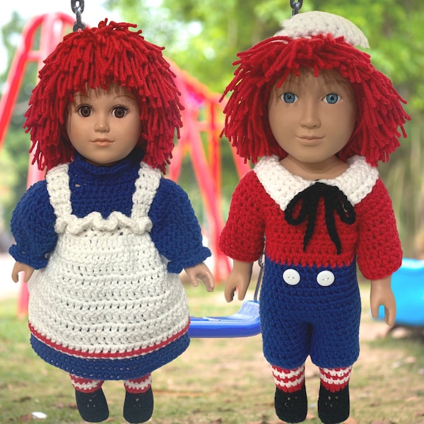 Patrón de crochet para muñecas Raggedy Ann y Andy de 18", patrón de ropa para muñecas de crochet de 18", botas para muñecas de crochet, patrones de disfraces para muñecas de crochet de 18"