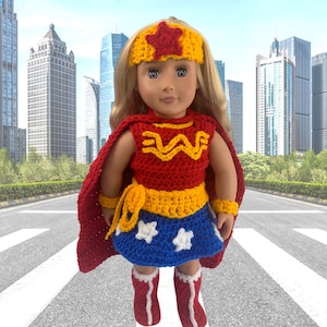 18&quot; Doll WW Superhero Crochet pattern, 18 inch Doll halloween crochet pattern, doll boots, doll cape clothes crochet pattern, doll clothes