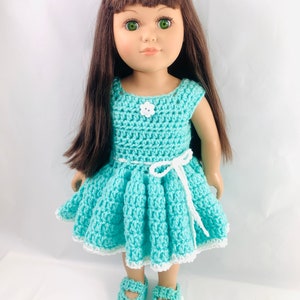 18 Doll Kalias Party Dress Crochet pattern, crochet doll shoes pattern, pdf crochet pattern, crochet doll clothes patterns image 1