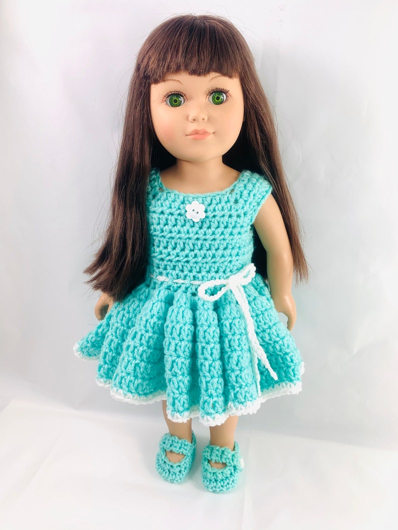 18 Doll Kalias Party Dress Crochet pattern, crochet doll shoes pattern, pdf crochet pattern, crochet doll clothes patterns image 1