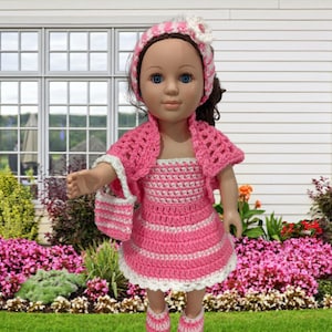18" Puppe Linda Häkelanleitung, 18" Puppe Kleidung Muster, häkeln Puppe Kleid, häkeln Puppe Schuhe, häkeln Puppe Shrug, häkeln Puppenstirnband