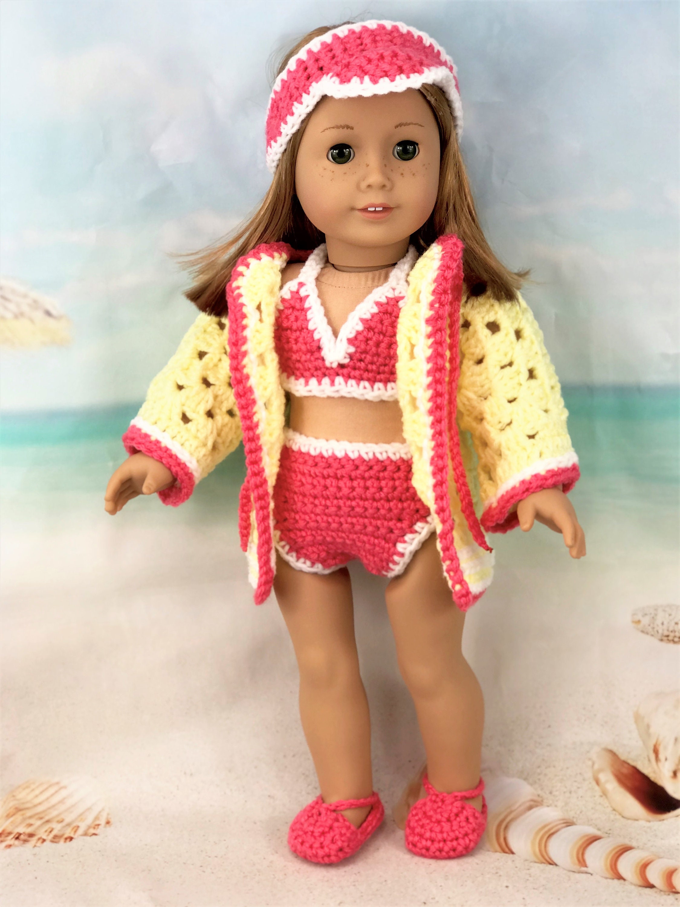 18 Doll Swimsuit Crochet PDF Pattern, Doll Sun Visor, Cover-up