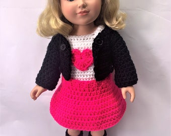 18" Doll Back to School Crochet pattern, 18 inch Doll pink heart tee-shirt crochet pattern, 18" doll boots, doll jacket, doll skirt