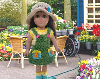 18" Doll Pamelas's Playtime Garden Dress, 18" doll Crochet PDF pattern, doll shoes pattern, crochet doll clothes pattern, crochet doll hat