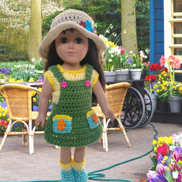 18" Doll Pamelas's Playtime Garden Dress, 18" doll Crochet PDF pattern, doll shoes pattern, crochet doll clothes pattern, crochet doll hat