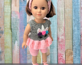 18" doll Unicorn Crochet Pattern shorts, crochet doll clothes pattern, 18 inch doll clothes pattern, gray pink