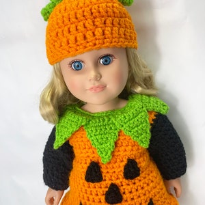 18 Doll Pumpkin Crochet Pattern, crochet 18 doll clothes pattern, doll dress, doll pumpkin hat, doll halloween costume image 2