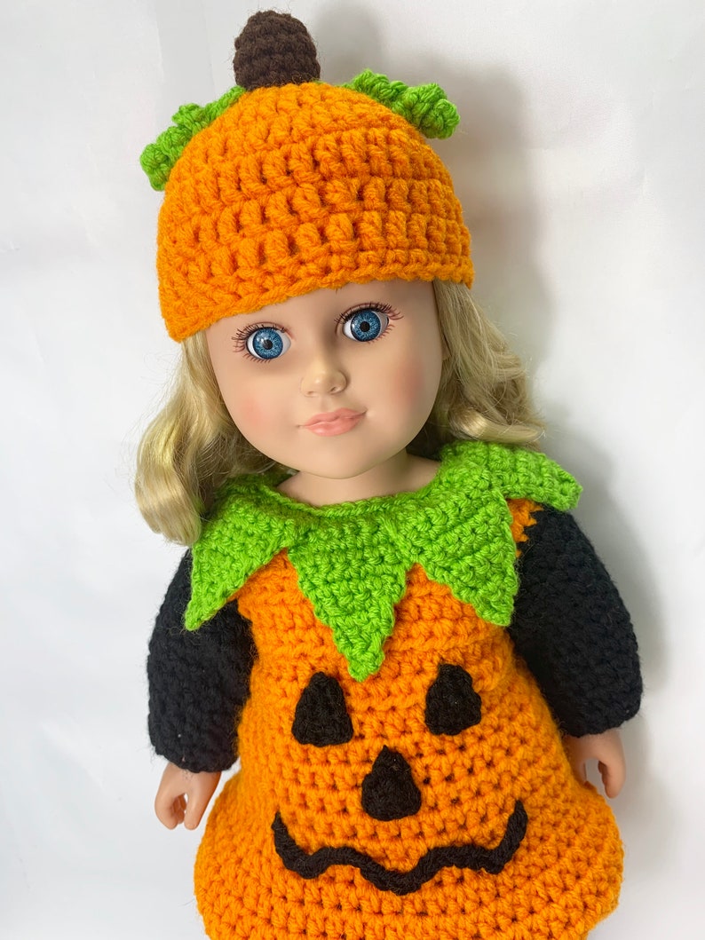 18 Doll Pumpkin Crochet Pattern, crochet 18 doll clothes pattern, doll dress, doll pumpkin hat, doll halloween costume image 2