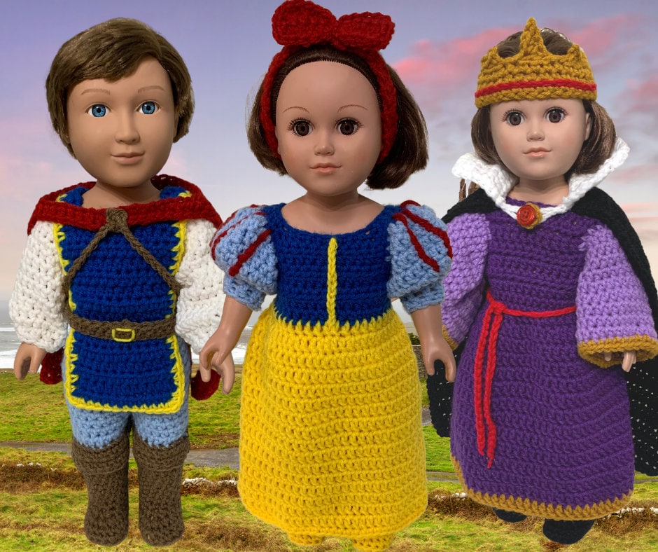 30 Snow White Dress Patterns To Crochet For Babies, Dolls, And Bridal Looks 30 18" Doll Snow White, Prince, and Evil Queen Pattern