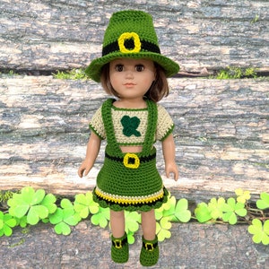 18" Doll Shamrock Crochet pattern, crochet top hat, doll shoes pdf crochet pattern, doll clothes patterns, doll skirt, doll shirt, clover