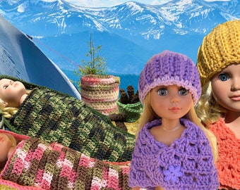 Crochet Camping Pattern, 18" doll, 14" Doll, clothes, crochet doll sleeping bags, crochet doll shawl, crochet doll headband, doll flashlight