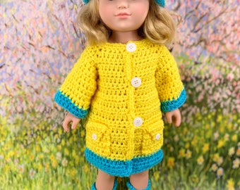 18" Doll Raincoat Crochet PDF pattern, doll rain hat pattern, doll rain boots crochet pdf pattern, crochet doll clothes pattern