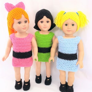 Crochet PDF pattern to make 3 18" Doll clothes outfits with wigs,  yellow hair wig, orange hair wig, black hair wig, crochet clothes pattern