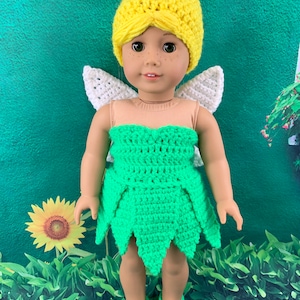 18" Doll Fairy Crochet PDF pattern, Doll clothes pattern, green fairy pattern, yellow doll wig pattern
