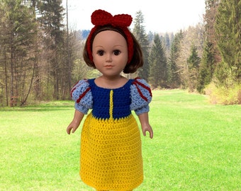 18" Doll Snow White Inspired Dress Crochet PDF pattern, Doll  crochet pattern, 18" Doll crochet doll clothes pattern, doll shoes, doll crown