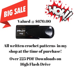 May include: A black 16GB PNY flash drive with the text "Valued @ $670.00" and "Over 225 PDF Downloads on 16gb Flash Drive" printed below the drive. The flash drive is on a white background with a red and white "BIG SALE" banner and a red and white "WOW!" speech bubble.