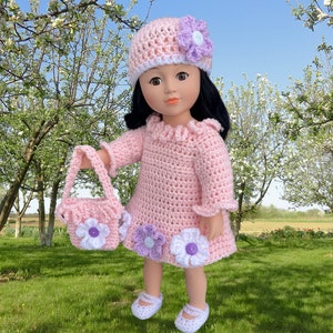 18" Häkelkleid Charlee Mae, 18" Puppenkleidung Schnittmuster, gehäkeltes Puppenkleid, gehäkelte Puppenschuhe, gehäkelte Puppentasche, Puppenmütze