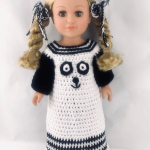 18 &quot;boneca destino panda vestido padrão de crochê, 18&quot; roupas de pijama de boneca, roupas de panda de crochê, roupas de dormir de boneca de crochê