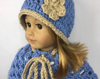 Doll Clothes, Doll Poncho, 18" Doll hat, 18" doll poncho, blue and beige, toys, fashion doll winter wear