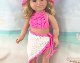 18" Doll Swimwear Crochet PDF pattern, Doll sunhat sarong sandals swimsuit crochet pattern, 18" Doll crochet doll clothes pattern