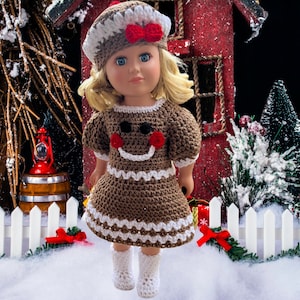 Gingerbread dress Crochet Christmas crochet 18&quot; doll clothes pattern, doll hat, pdf crochet doll clothes pattern, beret hat, boots,dress