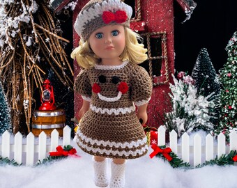 Vestido de jengibre a crochet, Navidad, patrón de ropa para muñeca de 45 cm (18"), gorro para muñeca, patrón de ropa para muñeca a crochet en PDF, boina, botas, vestido