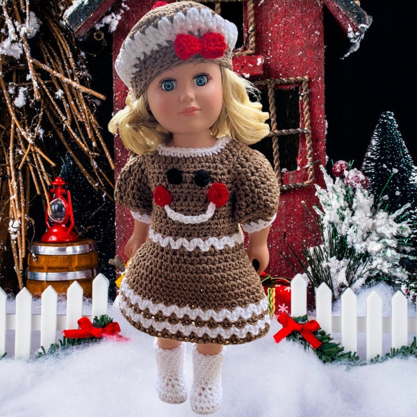 Gingerbread dress Crochet Christmas crochet 18" doll clothes pattern, doll hat, pdf crochet doll clothes pattern, beret hat, boots,dress