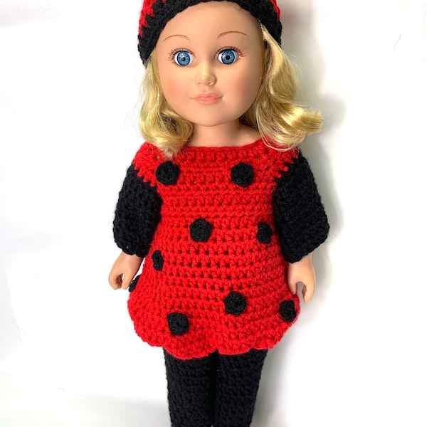 18" Doll Ladybug Crochet Pattern, 18" costume de coccinelle, crochet 18" modèle de vêtements de poupée, chapeau de coccinelle de poupée, costume de coccinelle halloween de poupée