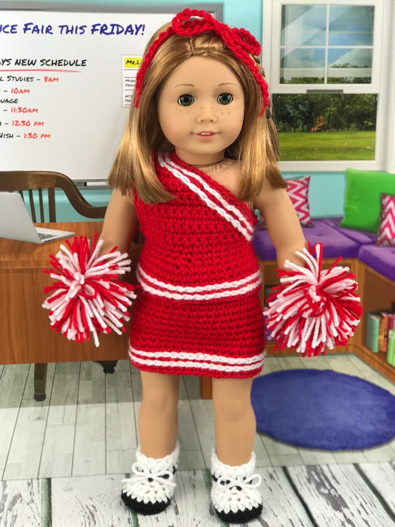 Crochet PDF pattern to make 18 Doll cheerleader outfit, cheer uniform pattern, crochet doll clothes pattern image 1