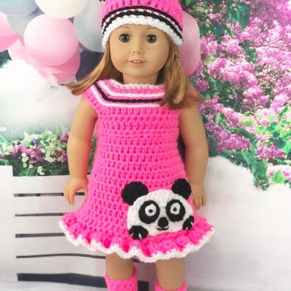 Pink Panda Outfit 18" doll Crochet PDF pattern, doll pompom hat pattern, doll dress crochet pdf pattern, crochet doll clothes pattern