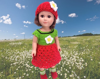 18" summer doll dress crochet pattern, doll clothes, pdf crochet doll clothes pattern, 18 inch doll clothes pattern, red green, doll hat