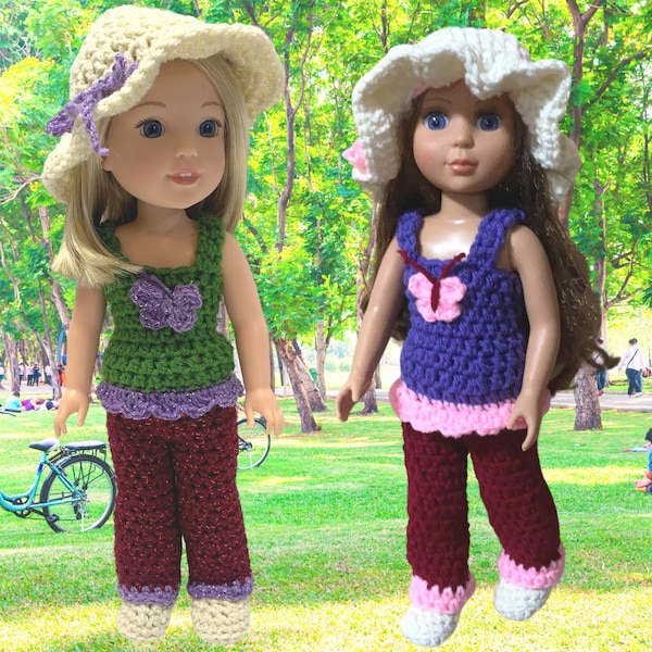 14" Crochet PDF pattern Doll Pants, hat and shoes, doll butterfly pattern, crochet doll clothes pattern