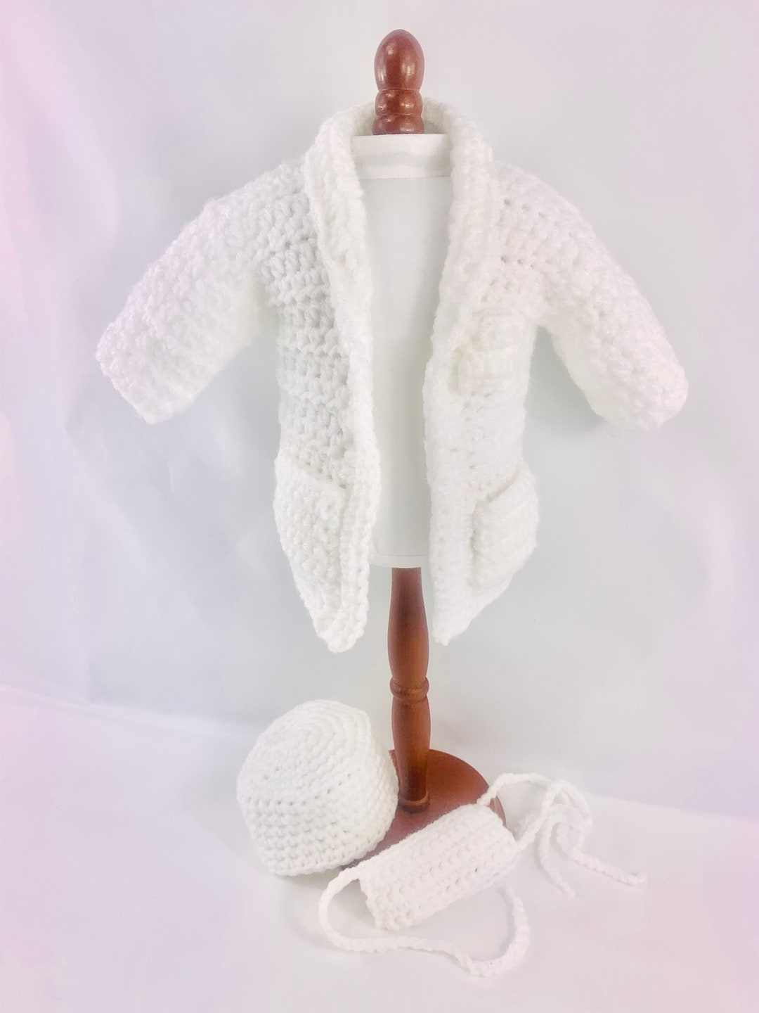 18&quot; Doll Doctor Lab Coat, Crochet PDF pattern, doll mask pattern, doll doctor hat crochet doll clothes pattern, halloween pattern