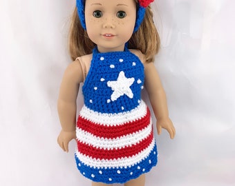 Crochet PDF pattern to make 18" Doll Patriotic Dress, headband and sandals, crochet doll clothes pattern, red white blue