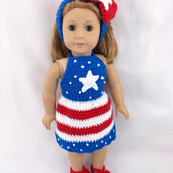 Crochet PDF pattern to make 18" Doll Patriotic Dress, headband and sandals, crochet doll clothes pattern, red white blue