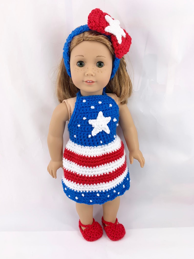 Crochet PDF pattern to make 18' Doll Patriotic Dress, headband and sandals, crochet doll clothes pattern, red white blue 