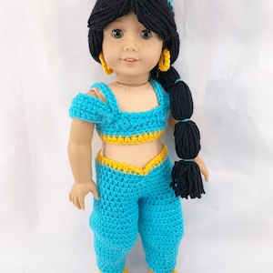 18" Doll Princess Crochet PDF pattern, Doll clothes pattern, turquoise gold pattern, black hair wig pattern, doll halloween costume